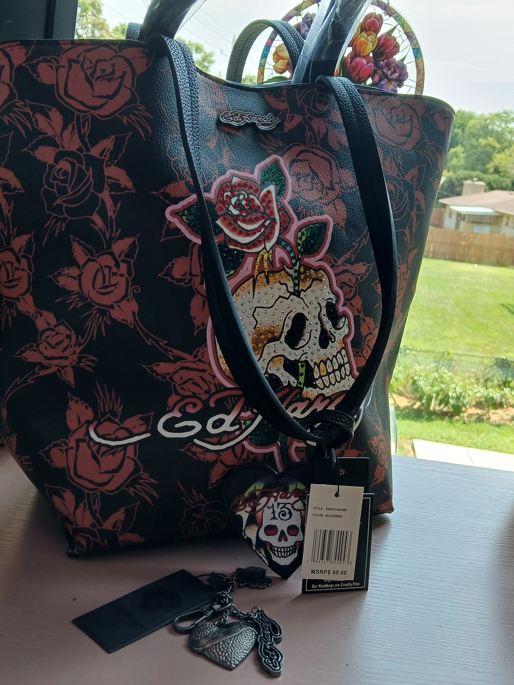 Ed Hardy 2 PIECE - Skull Tote Bag/Purse with Charm + 2nd Metal 3pc Bag Charm